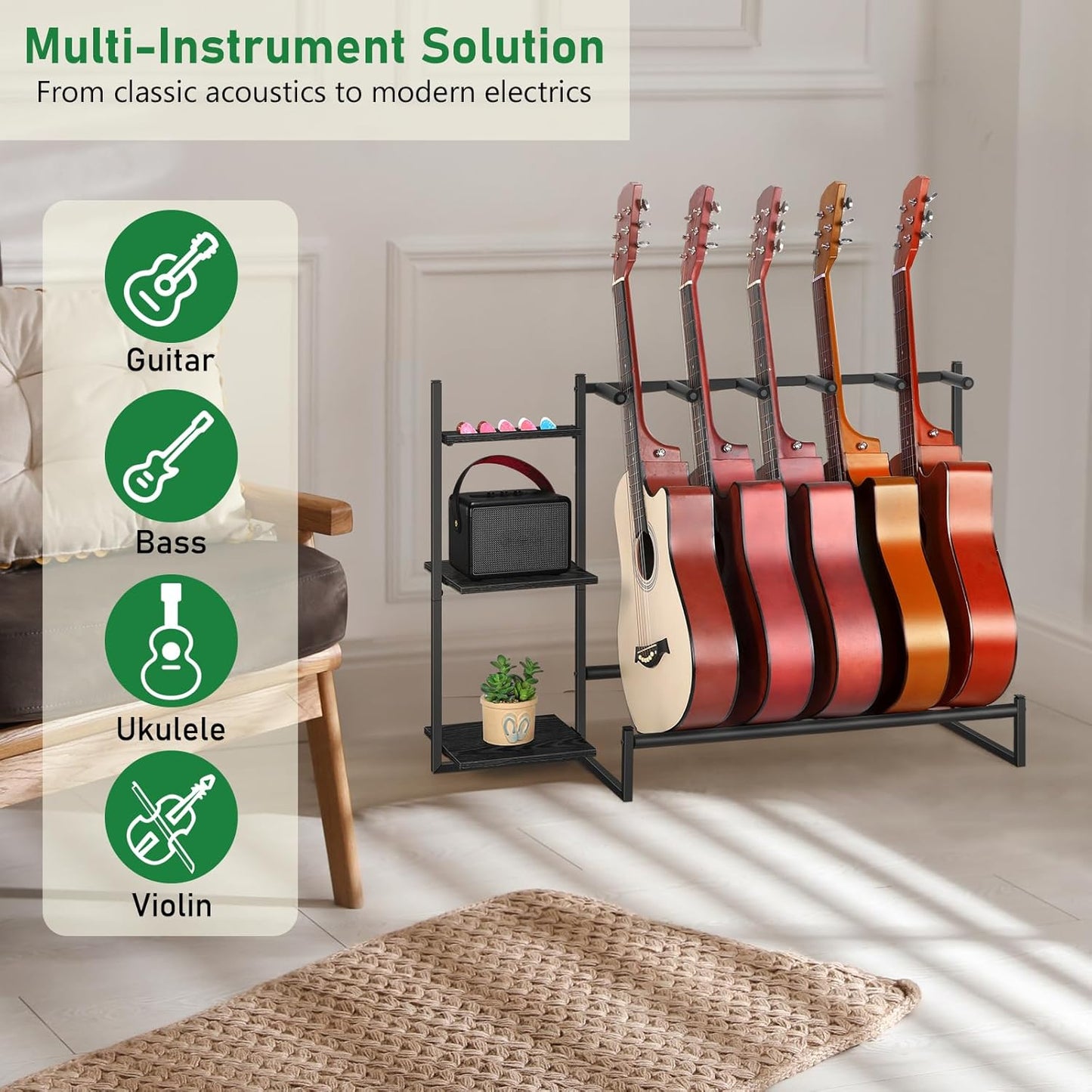 5-Slot Guitar Stand Rack for Multiple Guitars – Acoustic, Electric & Bass Holder with Side Shelves, Floor Display Stand for Home Music Studio, Protective Foam – Black
