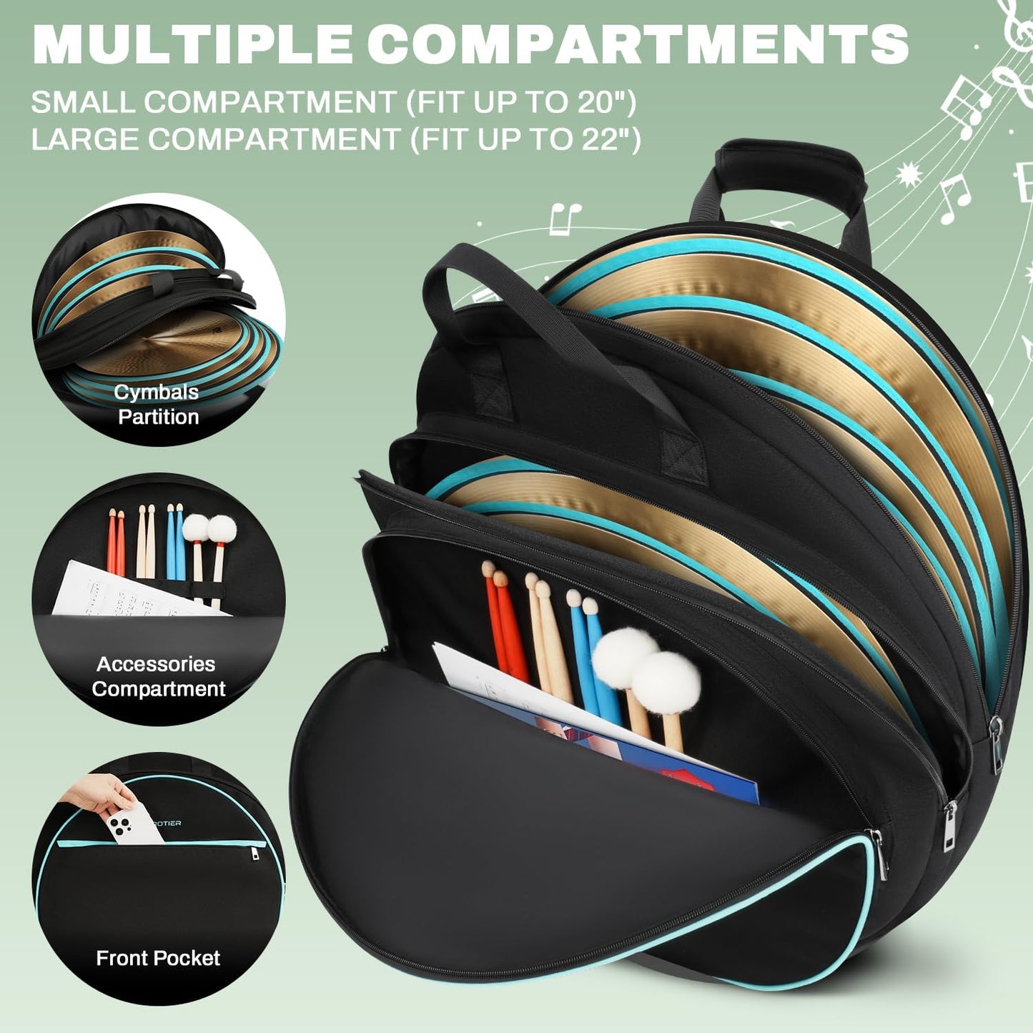 22″ Cymbal Bag – Water-Resistant, Padded Dividers, Backpack Straps & Accessory Pockets