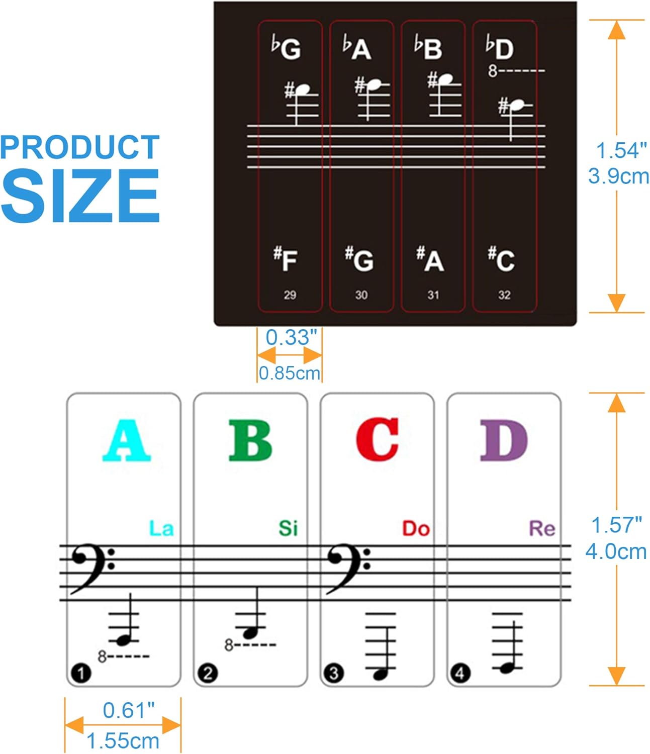 Piano Keyboard Learning Stickers – Multicolor Note Labels + Sheet Music for 37–88 Keys