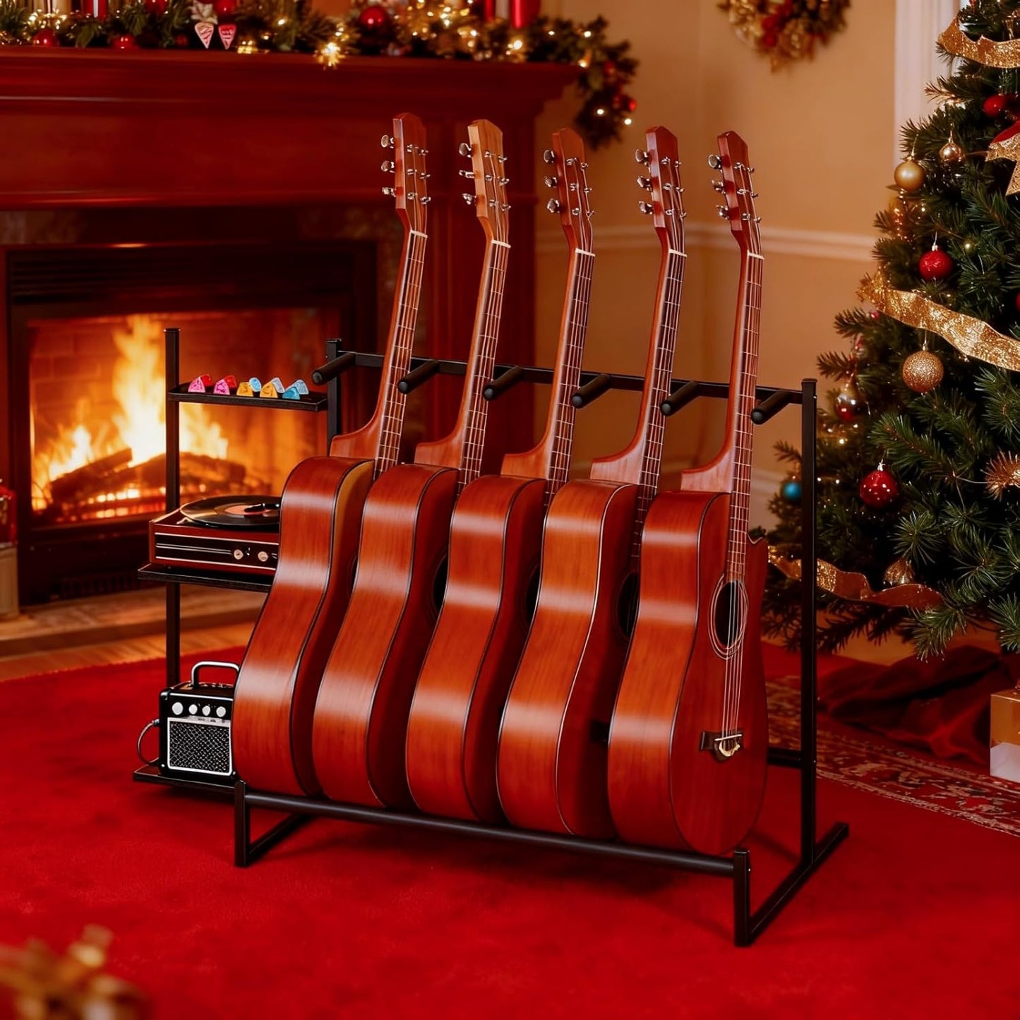 5-Slot Guitar Stand Rack for Multiple Guitars – Acoustic, Electric & Bass Holder with Side Shelves, Floor Display Stand for Home Music Studio, Protective Foam – Black