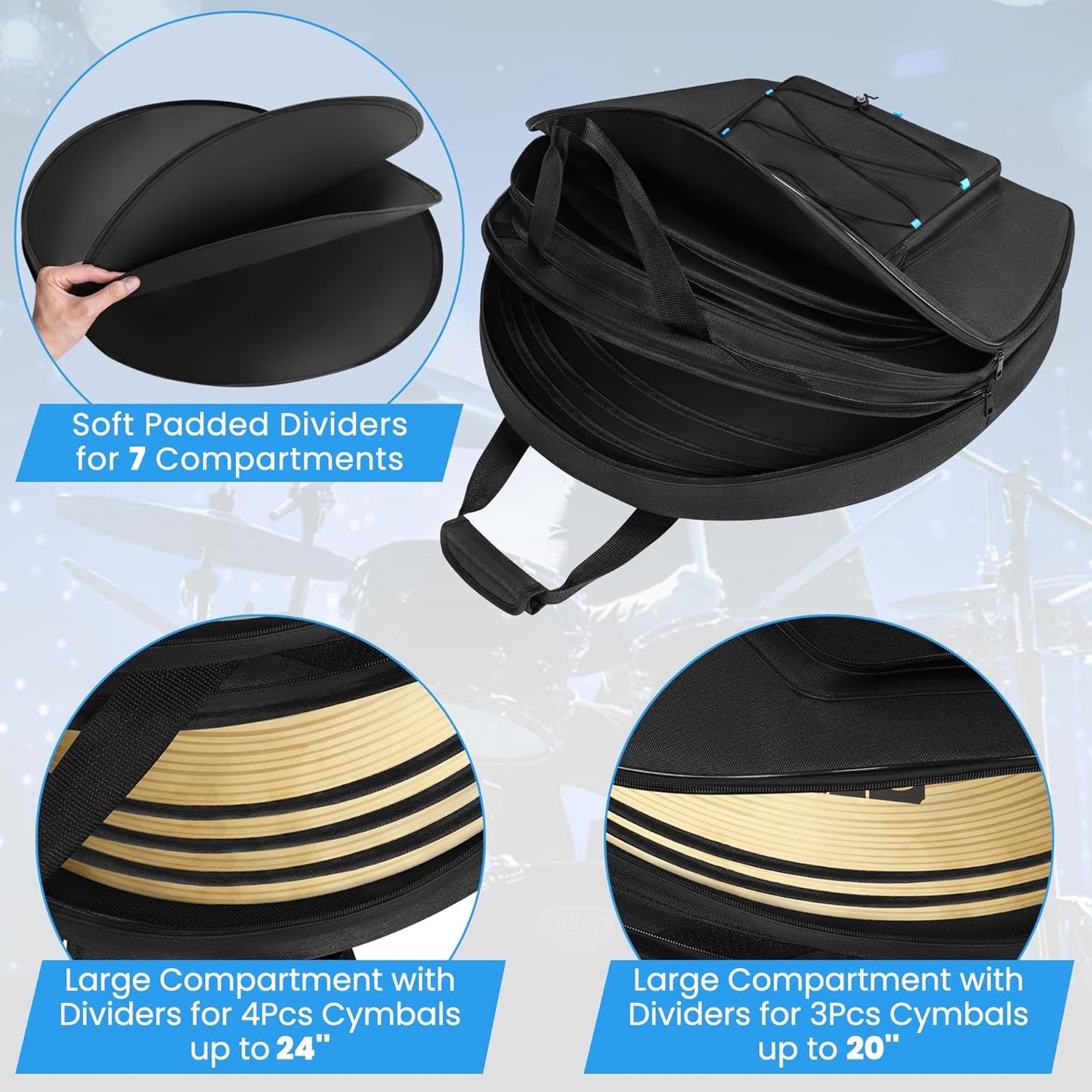 22" Cymbal Bag Backpack – Padded Double-Layer Gig Bag with Dividers, Multi-Pocket Soft Case, Backpack Strap & Carrying Handle