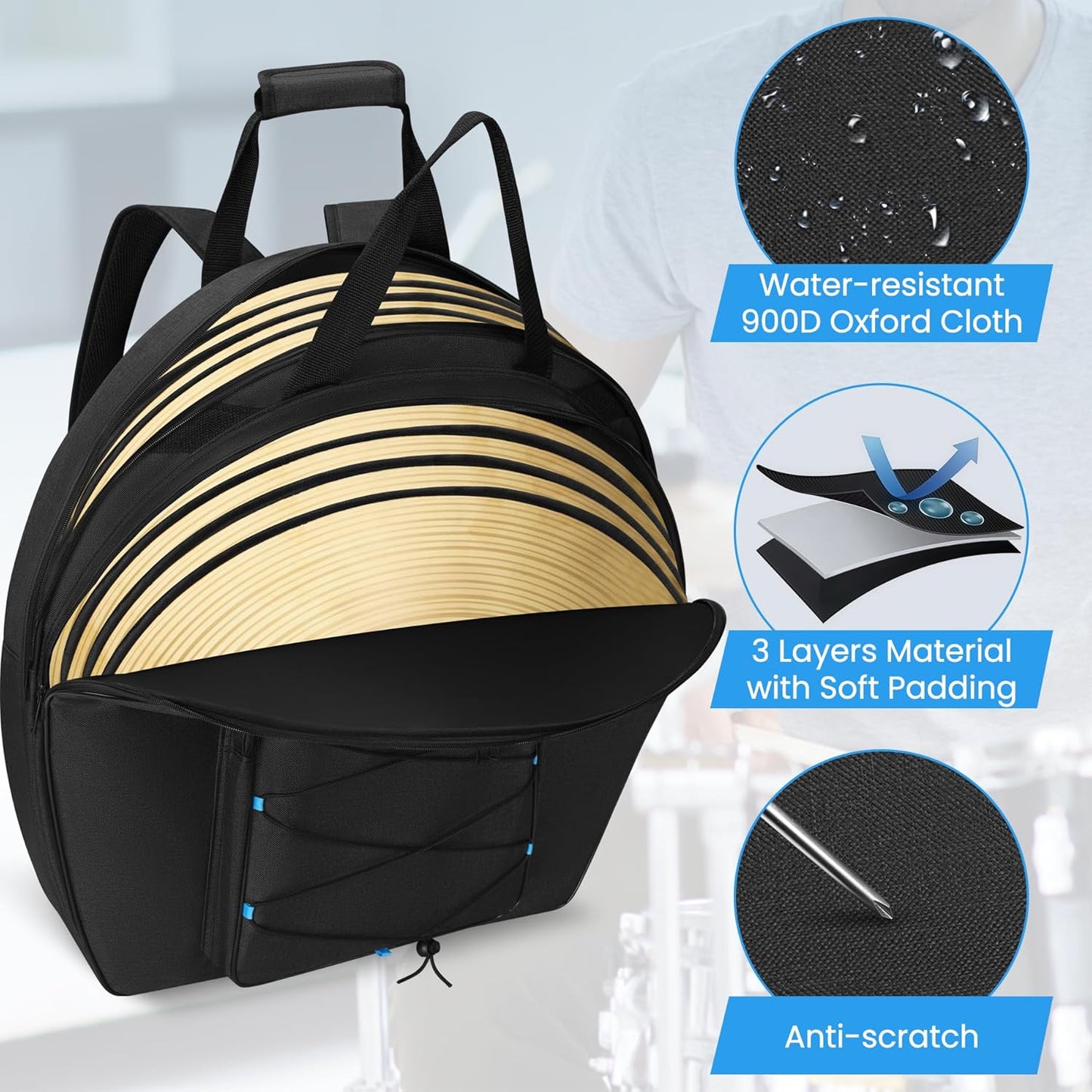 22" Cymbal Bag Backpack – Padded Double-Layer Gig Bag with Dividers, Multi-Pocket Soft Case, Backpack Strap & Carrying Handle