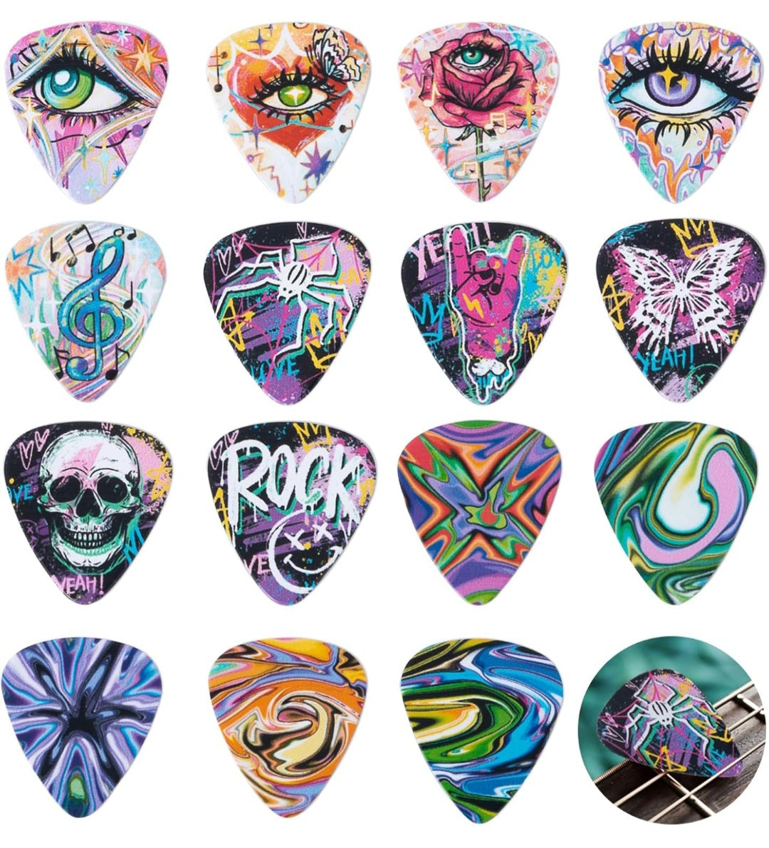 Trippy 15pcs Guitar Picks Premium Celluloid Guitar Pick with Free Pick Tin, Thin Medium Heavy Thickness for Acoustic, Electric Guitar, Bass, 0.46mm, 0.71mm,1mm Graffiti/Psychedelic Theme