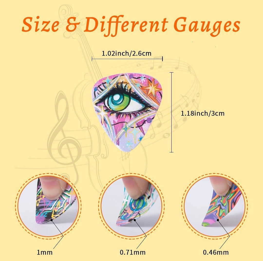 Trippy 15pcs Guitar Picks Premium Celluloid Guitar Pick with Free Pick Tin, Thin Medium Heavy Thickness for Acoustic, Electric Guitar, Bass, 0.46mm, 0.71mm,1mm Graffiti/Psychedelic Theme