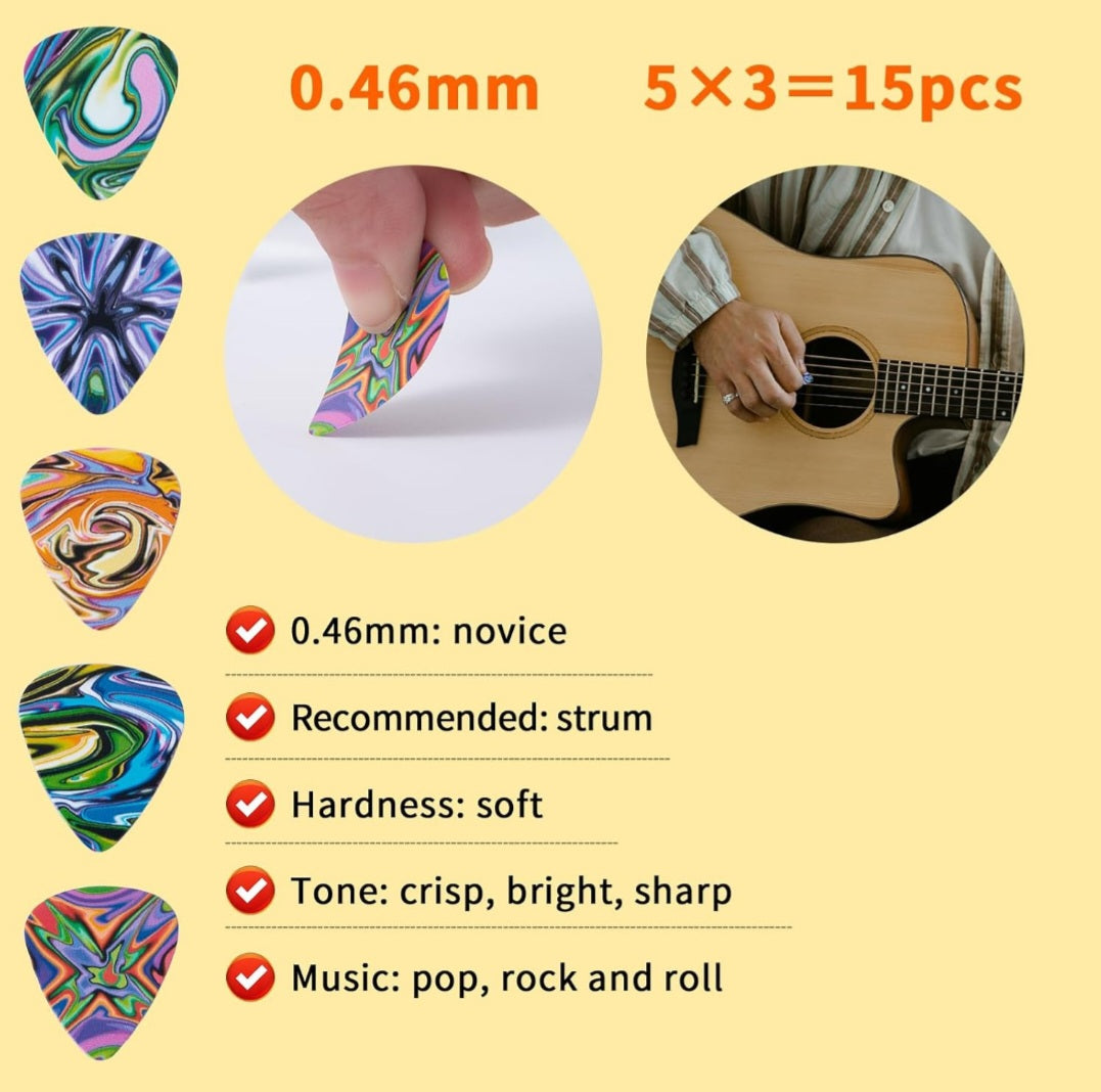 Trippy 15pcs Guitar Picks Premium Celluloid Guitar Pick with Free Pick Tin, Thin Medium Heavy Thickness for Acoustic, Electric Guitar, Bass, 0.46mm, 0.71mm,1mm Graffiti/Psychedelic Theme