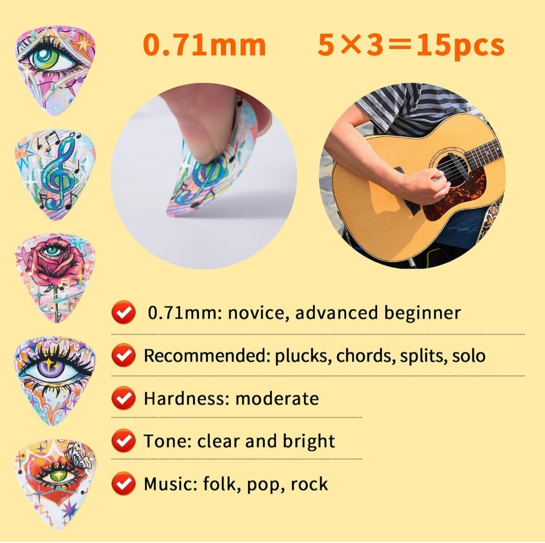 Trippy 15pcs Guitar Picks Premium Celluloid Guitar Pick with Free Pick Tin, Thin Medium Heavy Thickness for Acoustic, Electric Guitar, Bass, 0.46mm, 0.71mm,1mm Graffiti/Psychedelic Theme
