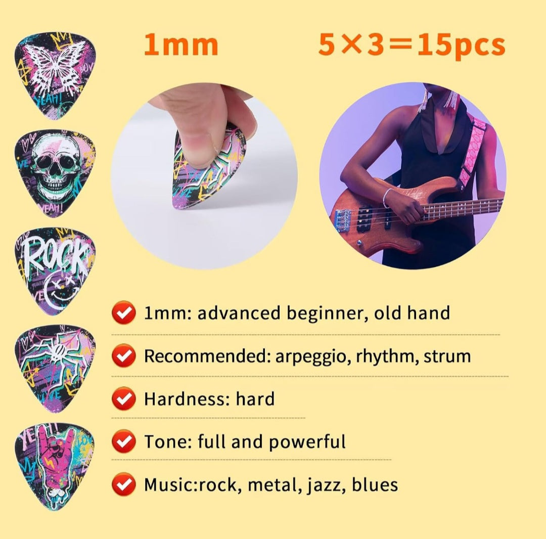 Trippy 15pcs Guitar Picks Premium Celluloid Guitar Pick with Free Pick Tin, Thin Medium Heavy Thickness for Acoustic, Electric Guitar, Bass, 0.46mm, 0.71mm,1mm Graffiti/Psychedelic Theme