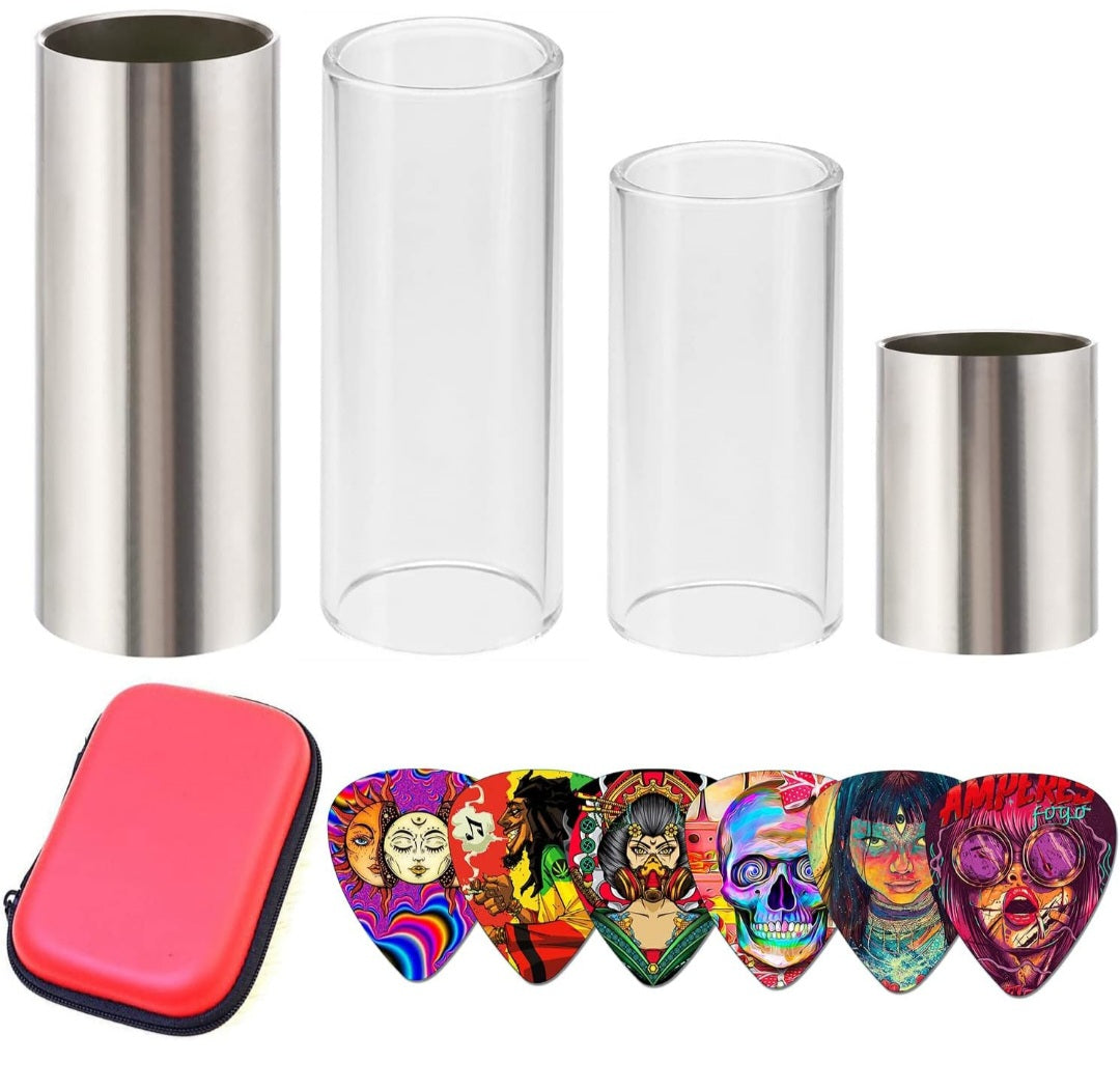 Guitar Slide, Set of 2 Glass Guitar Slide, 1 Steel Guitar Slide, 1 Guitar Slide Ring, with 6 Pieces Artistic Guitar Picks in Red EVA Box