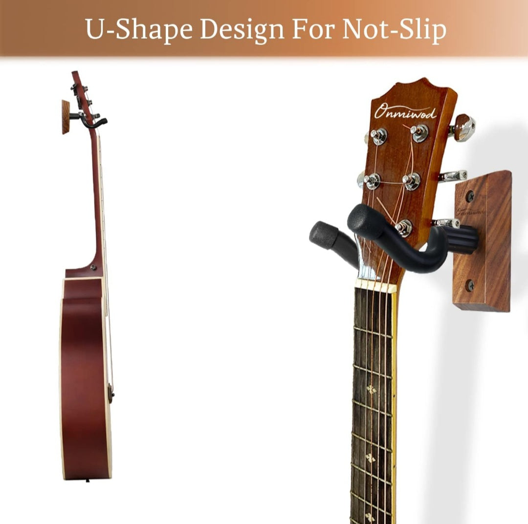 Guitar Wall Mount 2 Pack, Black Walnut Wood Guitar Hanger, U-Shaped Guitar Wall Hanger Mount, Guitar Holder Hook Stand Wall for Acoustic, Electric Guitar, Banjo, Bass, for Guitar Player Men Boy