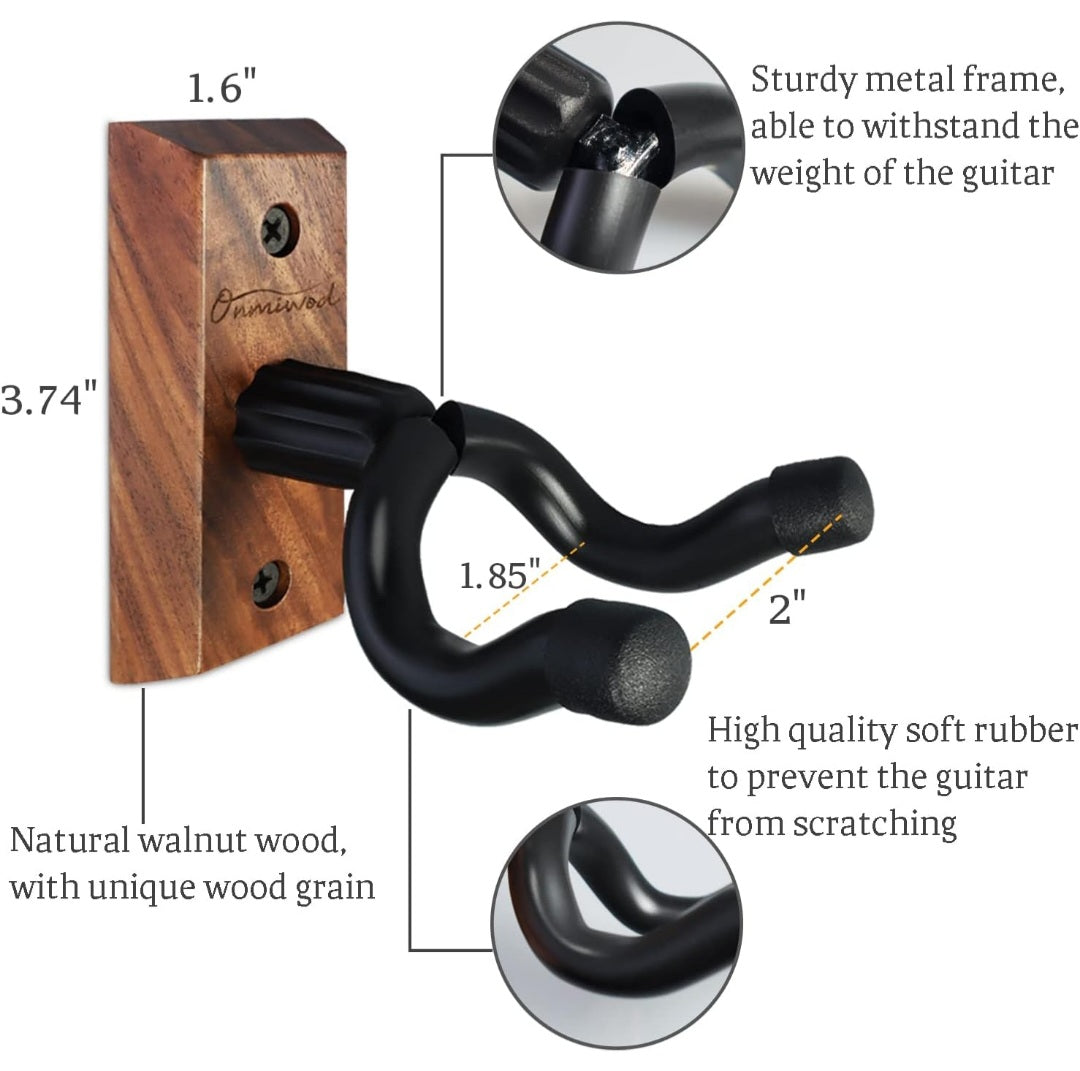 Guitar Wall Mount 2 Pack, Black Walnut Wood Guitar Hanger, U-Shaped Guitar Wall Hanger Mount, Guitar Holder Hook Stand Wall for Acoustic, Electric Guitar, Banjo, Bass, for Guitar Player Men Boy