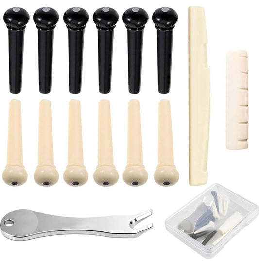 12 Pcs Acoustic Guitar Bridge Pins with Bridge Pin Puller Remover & Guitar Bridge Saddle Nut, Guitar Pegs Replacement Parts and Accessories