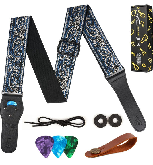 Guitar Strap,Jacquard Embroidered Cotton Guitar Straps with Real Leather Ends for Acoustic Guitars
