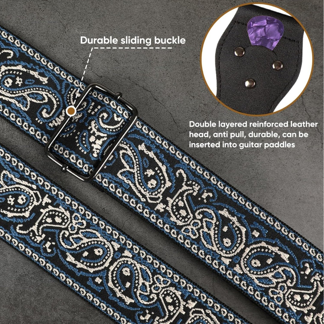 Guitar Strap,Jacquard Embroidered Cotton Guitar Straps with Real Leather Ends for Acoustic Guitars