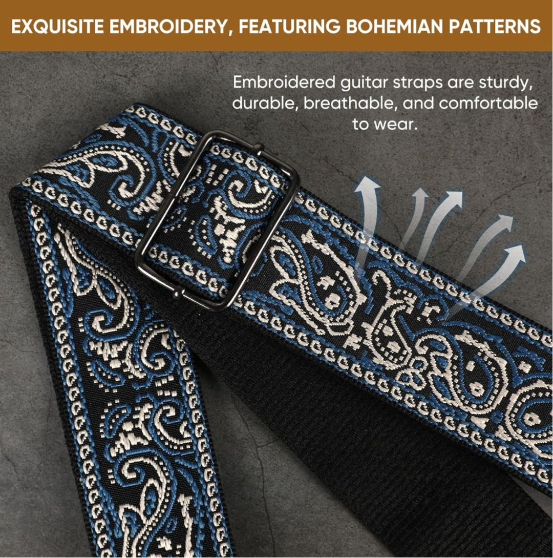 Guitar Strap,Jacquard Embroidered Cotton Guitar Straps with Real Leather Ends for Acoustic Guitars