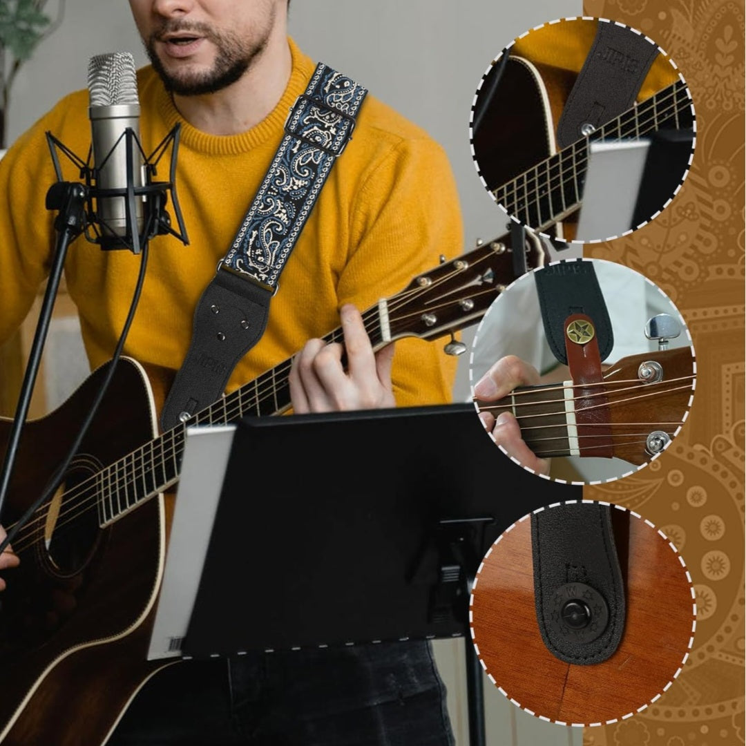 Guitar Strap,Jacquard Embroidered Cotton Guitar Straps with Real Leather Ends for Acoustic Guitars