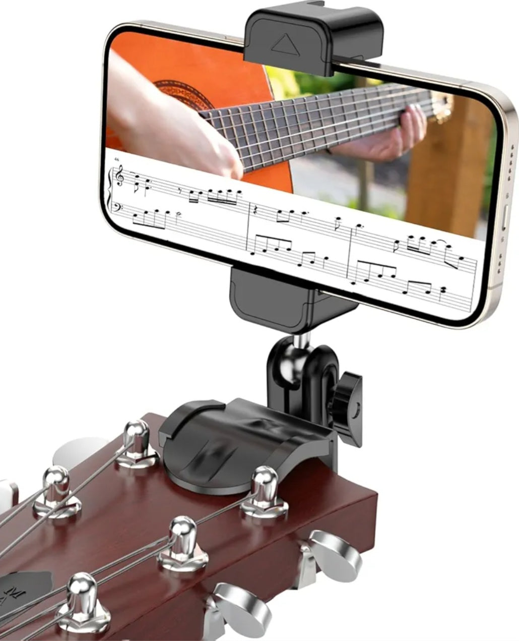 Guitar Head Phone Holder Mount, for Viewing Sheet Music and Recording Videos, 360° Rotating Guitar Accessory/Stuff, for 4.7-6.5" Smartphones, Ideal Gift for Men and Women, Fits Guitar/Bass/Ukulele