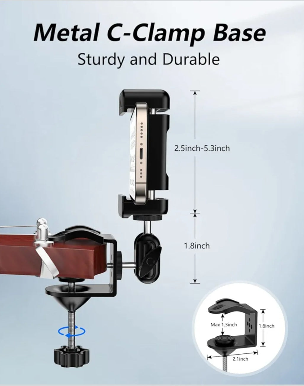 Guitar Head Phone Holder Mount, for Viewing Sheet Music and Recording Videos, 360° Rotating Guitar Accessory/Stuff, for 4.7-6.5" Smartphones, Ideal Gift for Men and Women, Fits Guitar/Bass/Ukulele