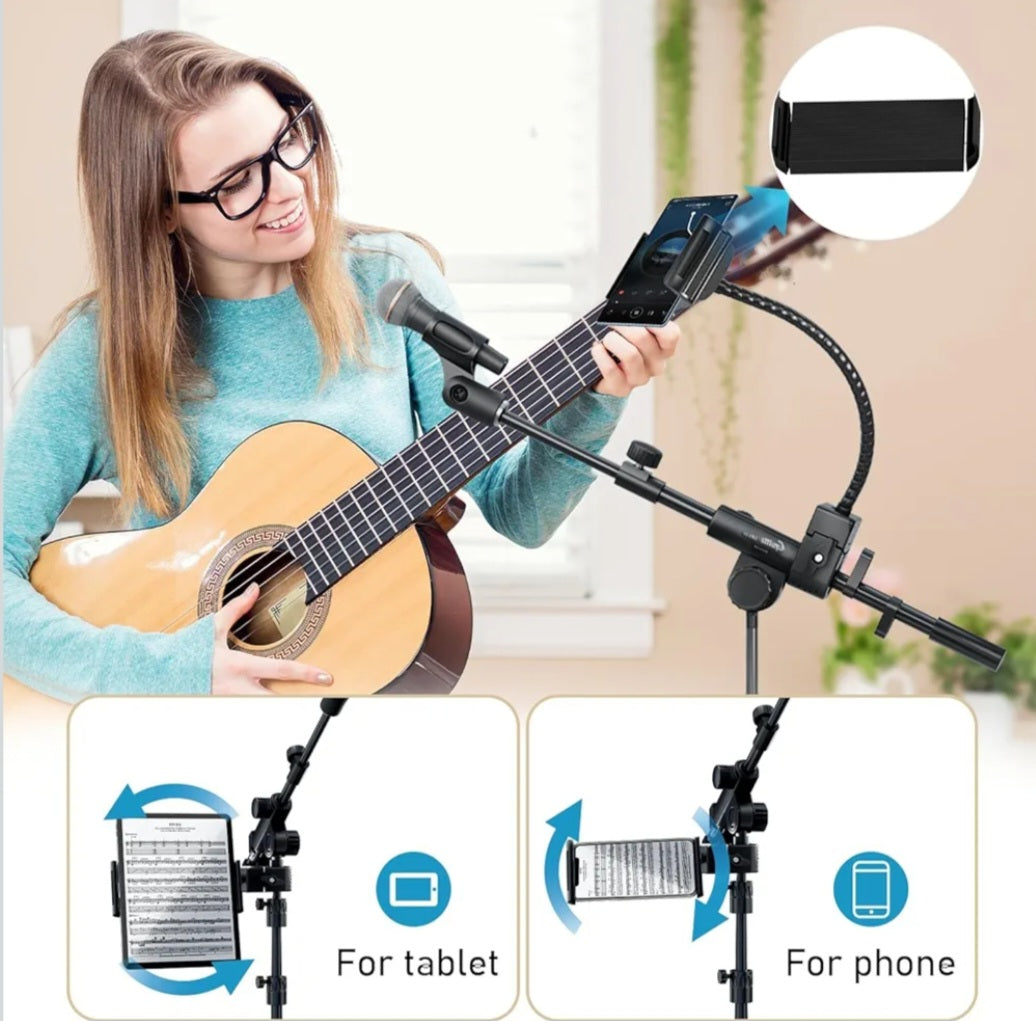GUITTO Microphone Floor Stand with Phone/iPad Holder, Adjustable Boom Mic Stand with Heavy-Duty Base, Dual Device Mount for Streaming, Podcasting, Recording, and Live Performances GMS-04