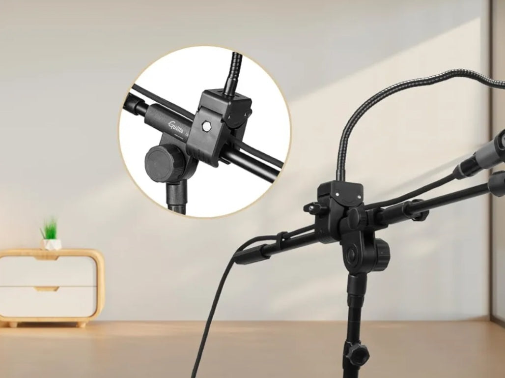 GUITTO Microphone Floor Stand with Phone/iPad Holder, Adjustable Boom Mic Stand with Heavy-Duty Base, Dual Device Mount for Streaming, Podcasting, Recording, and Live Performances GMS-04