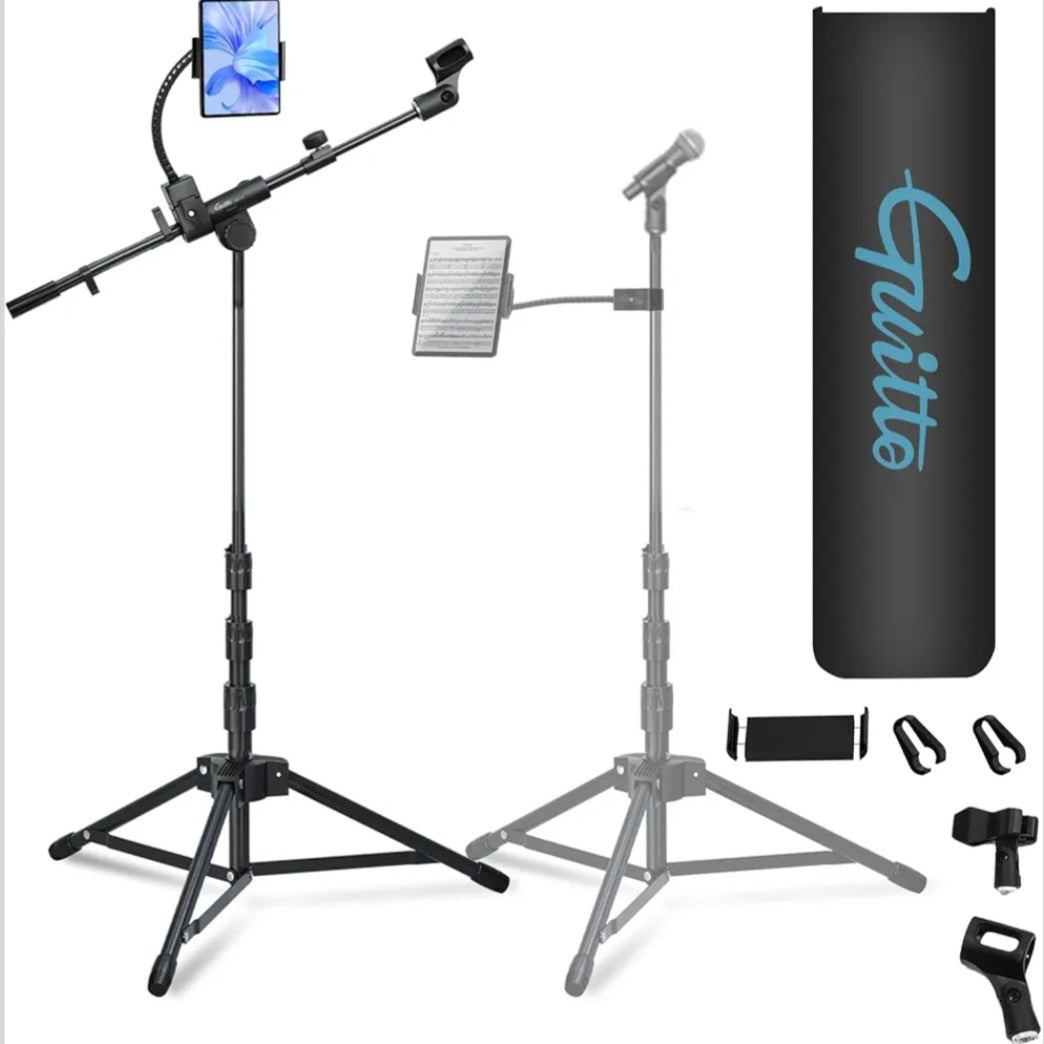 GUITTO Microphone Floor Stand with Phone/iPad Holder, Adjustable Boom Mic Stand with Heavy-Duty Base, Dual Device Mount for Streaming, Podcasting, Recording, and Live Performances GMS-04