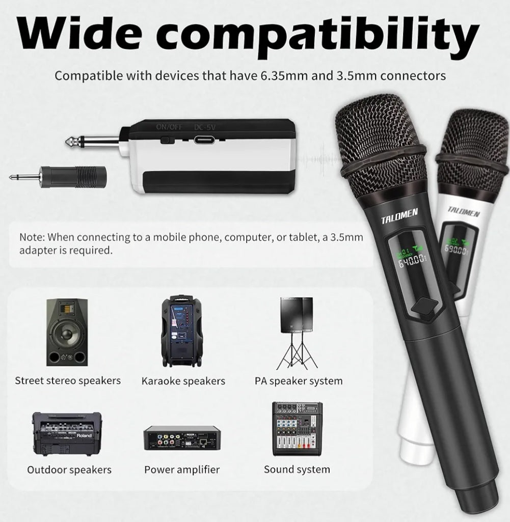 Talomen Wireless Microphones, Rechargeable Karaoke Microphone for Singing, 2.4GHz Dual Handheld Cordless Dynamic Mic System with Receiver(160 Ft) for Wedding, DJ, Party, Speech, K60-2 Black & White