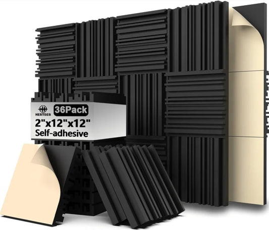36 Pack Sound Proof Foam Panels for Walls, Self-adhesive Grooved Black Acoustic Panels, 12x12x2 Inches