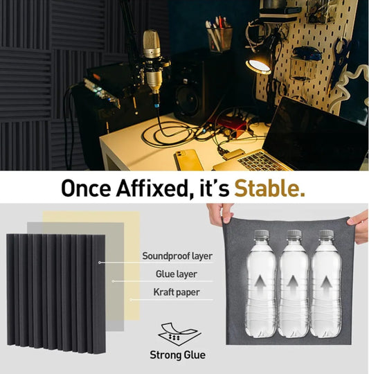 36 Pack Sound Proof Foam Panels for Walls, Self-adhesive Grooved Black Acoustic Panels, 12x12x2 Inches