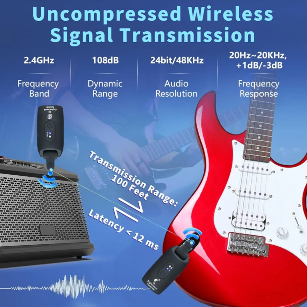 🎸 Wireless Guitar System 2.4GHz – 100ft Range + Free Picks & Tin