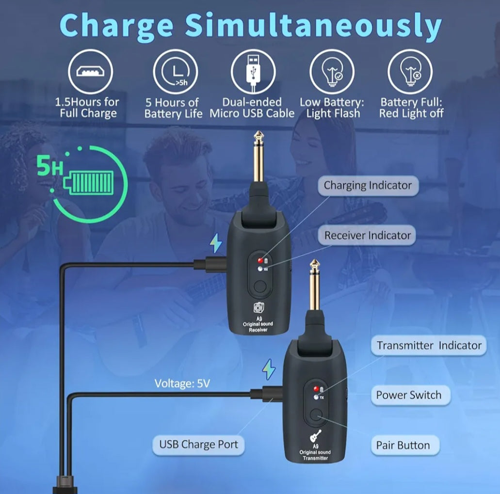 🎸 Wireless Guitar System 2.4GHz – 100ft Range + Free Picks & Tin