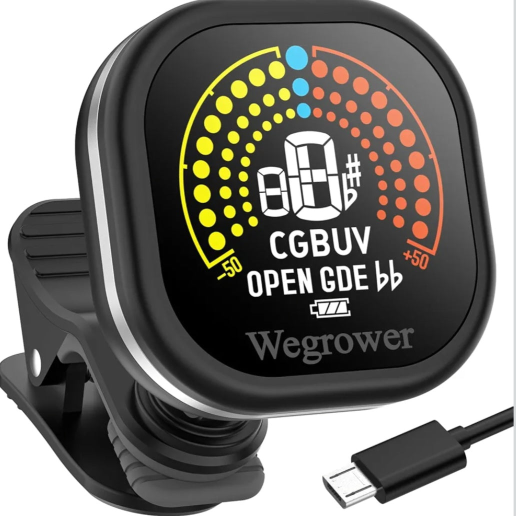 Rechargeable Clip-On Guitar Tuner with LCD Color Display – Multi-Instrument Tuner for Guitar, Ukulele, Violin & Chromatic Modes
