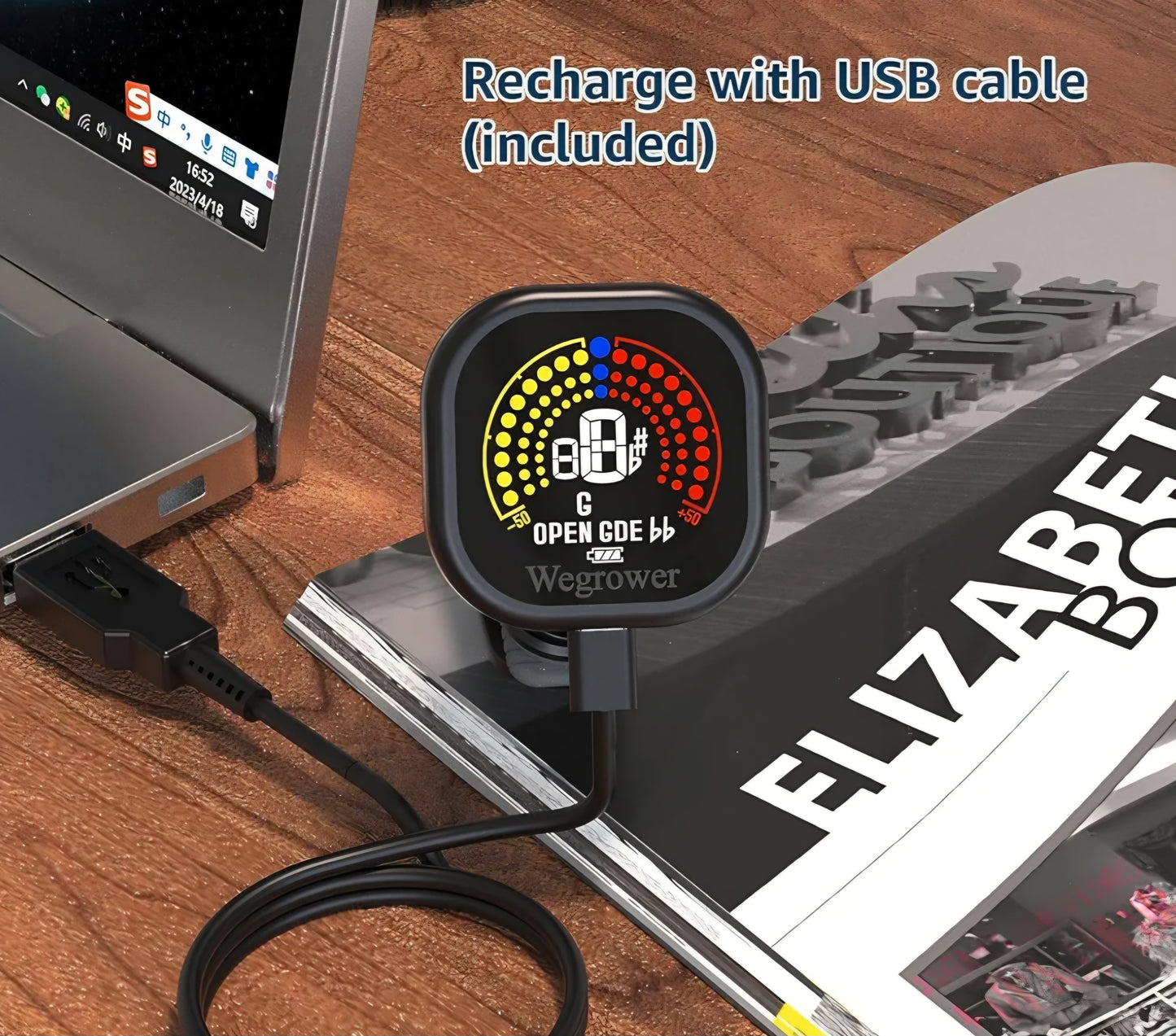 Rechargeable Clip-On Guitar Tuner with LCD Color Display – Multi-Instrument Tuner for Guitar, Ukulele, Violin & Chromatic Modes