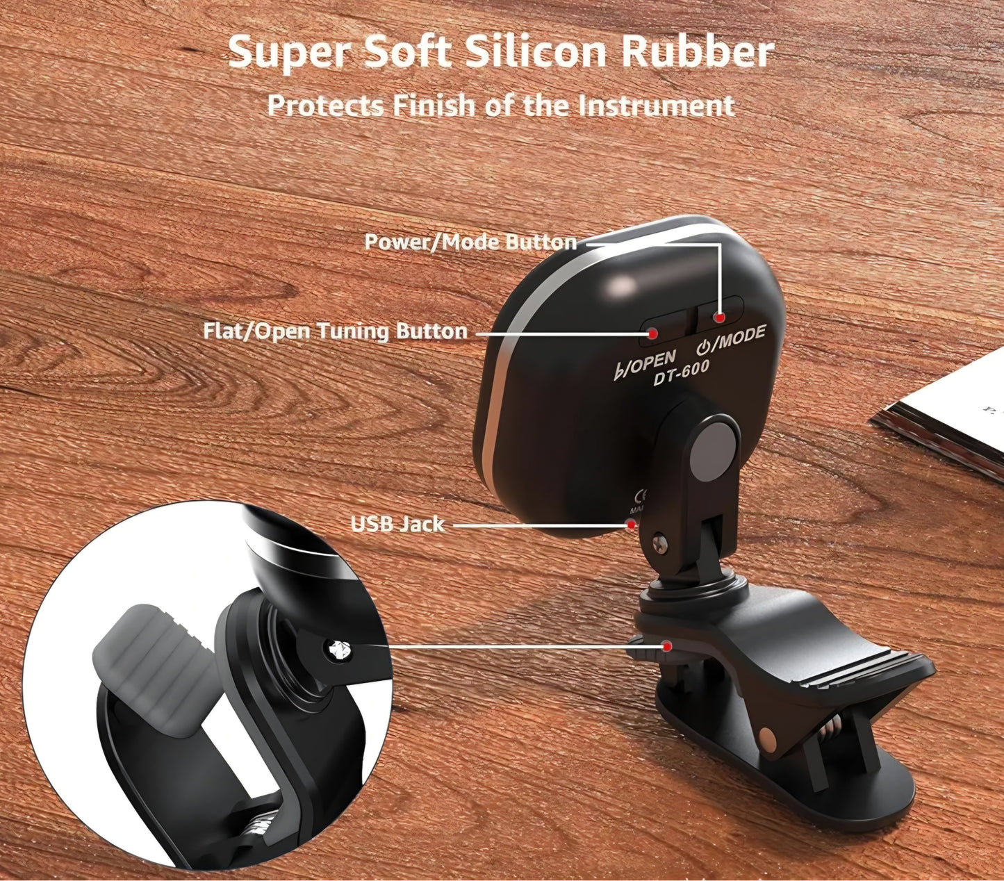 Rechargeable Clip-On Guitar Tuner with LCD Color Display – Multi-Instrument Tuner for Guitar, Ukulele, Violin & Chromatic Modes