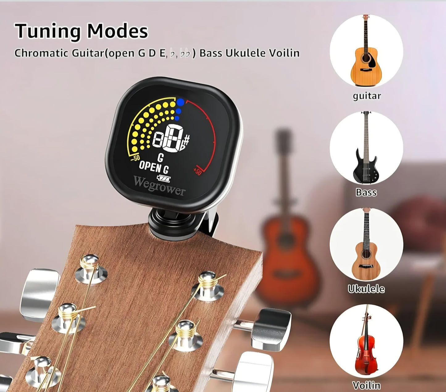 Rechargeable Clip-On Guitar Tuner with LCD Color Display – Multi-Instrument Tuner for Guitar, Ukulele, Violin & Chromatic Modes