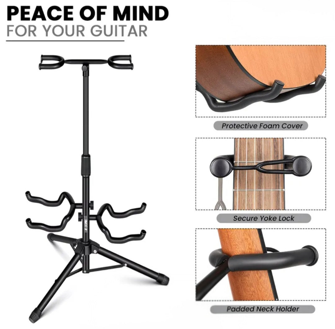 Double Guitar Stand – Adjustable Folding Floor Stand with Neck Holder for Acoustic, Electric & Bass Guitars | Portable Universal 2 Guitar Rack