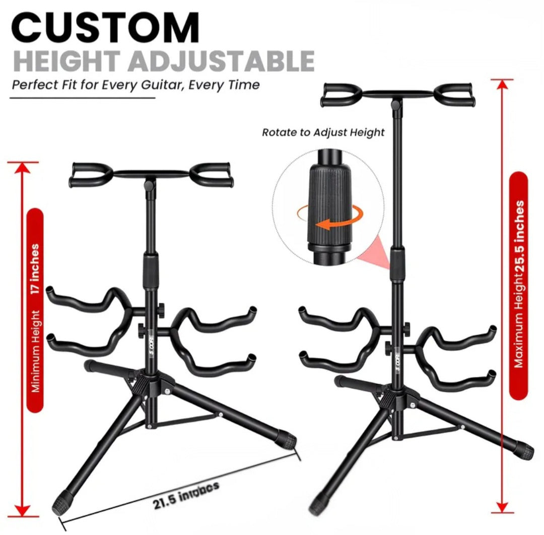 Double Guitar Stand – Adjustable Folding Floor Stand with Neck Holder for Acoustic, Electric & Bass Guitars | Portable Universal 2 Guitar Rack
