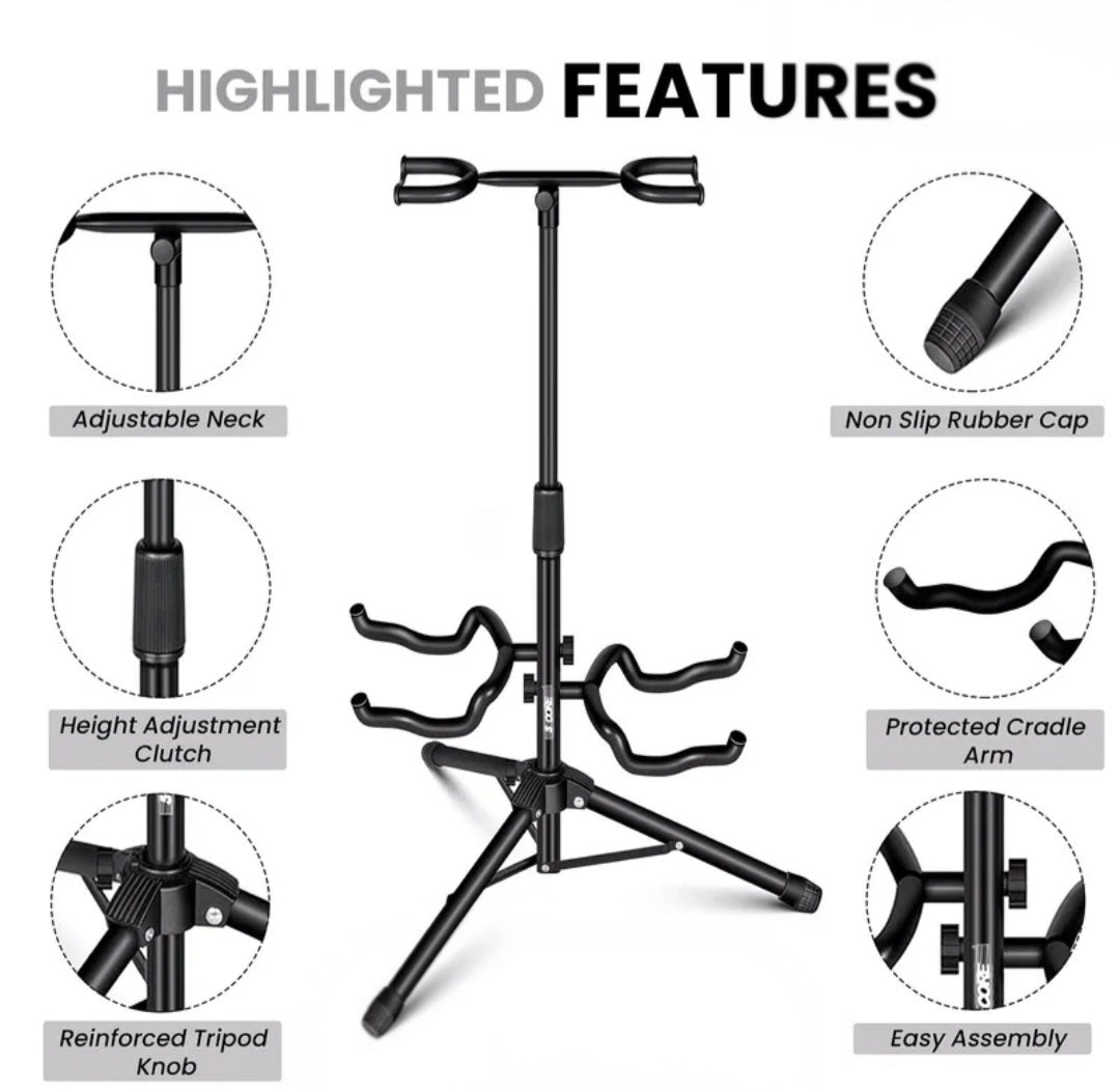 Double Guitar Stand – Adjustable Folding Floor Stand with Neck Holder for Acoustic, Electric & Bass Guitars | Portable Universal 2 Guitar Rack