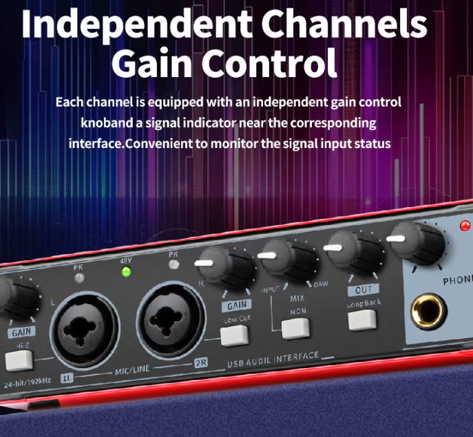 Professional 2-Channel Audio Interface Sound Card - Studio Mixer for Electric Guitar Live Recording, 24Bit/ 192Khz High-Resolution, XLR Interface with 48V Phantom Power Supply