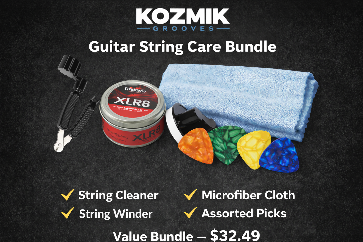 Kozmik Grooves Guitar String Care Bundle – Winder, Cleaner, Microfiber Cloth & Picks