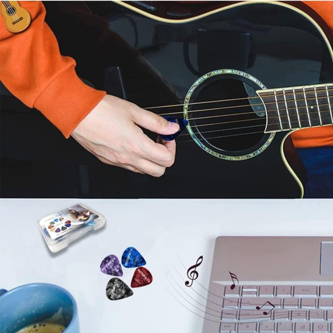 Rotopata guitar picks "sets of 10" 0.5 0.58 0.75 0.84 1.0 1.2mm Thin, Medium, Heavy Thickness, Variety Colorful Celluloid Plectrums for guitar, Bass, mandolin, Ukulele, Free pick containter