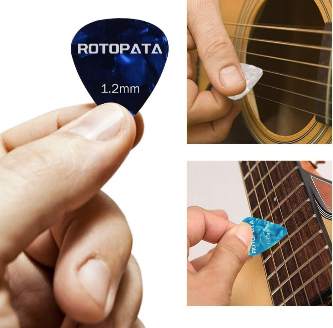 Rotopata guitar picks "sets of 10" 0.5 0.58 0.75 0.84 1.0 1.2mm Thin, Medium, Heavy Thickness, Variety Colorful Celluloid Plectrums for guitar, Bass, mandolin, Ukulele, Free pick containter