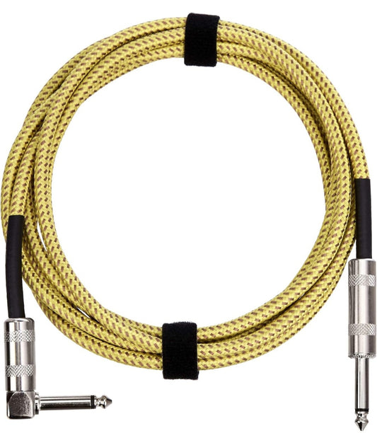 Basics TS 1/4 Inch Tweed Cloth Jacket Right-Angle Instrument Cable for Electric Guitar, 10 Foot, Yellow & Brown