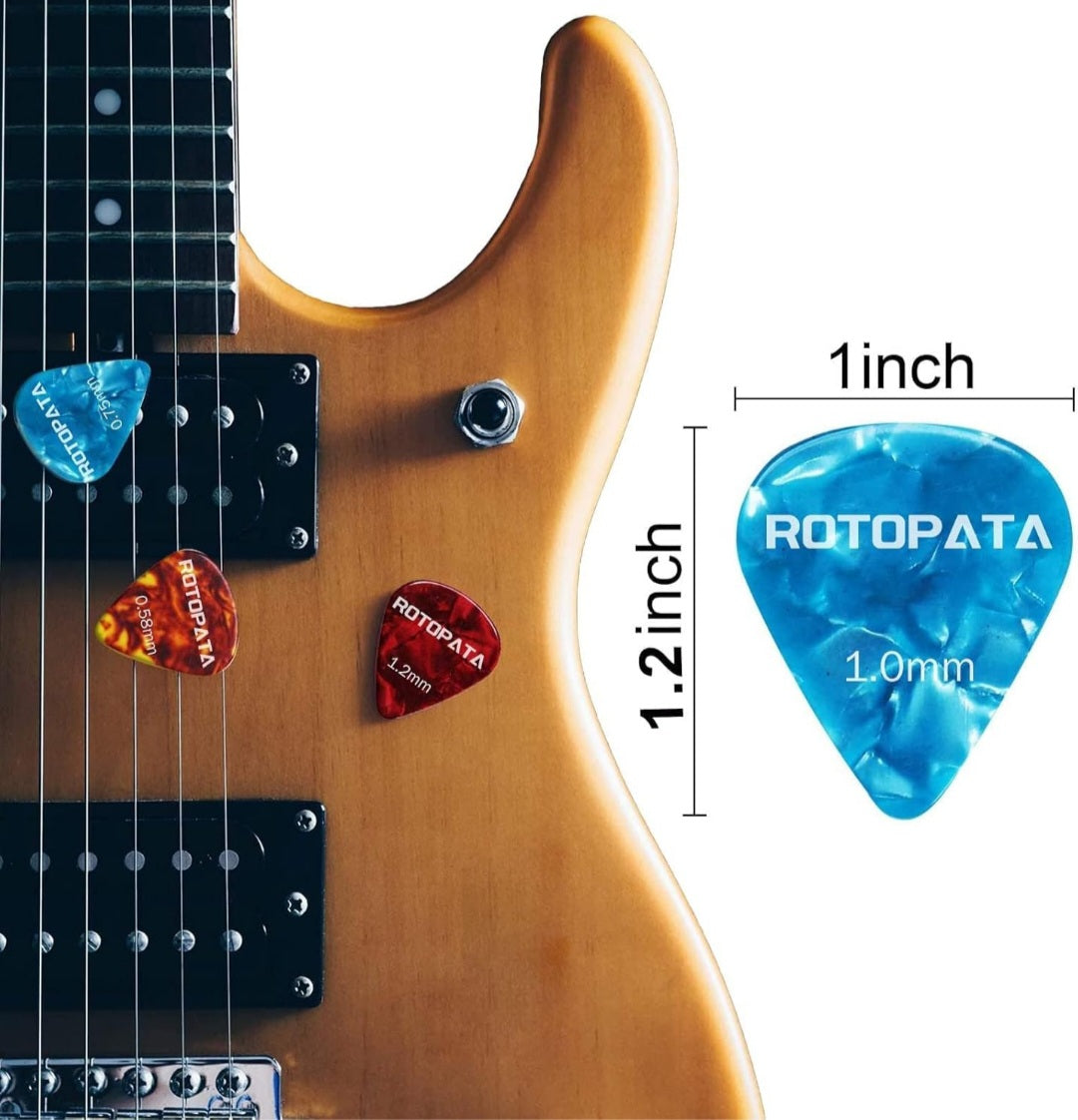 Rotopata guitar picks "sets of 10" 0.5 0.58 0.75 0.84 1.0 1.2mm Thin, Medium, Heavy Thickness, Variety Colorful Celluloid Plectrums for guitar, Bass, mandolin, Ukulele, Free pick containter