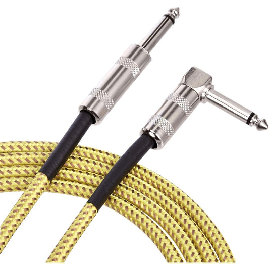 Basics TS 1/4 Inch Tweed Cloth Jacket Right-Angle Instrument Cable for Electric Guitar, 10 Foot, Yellow & Brown